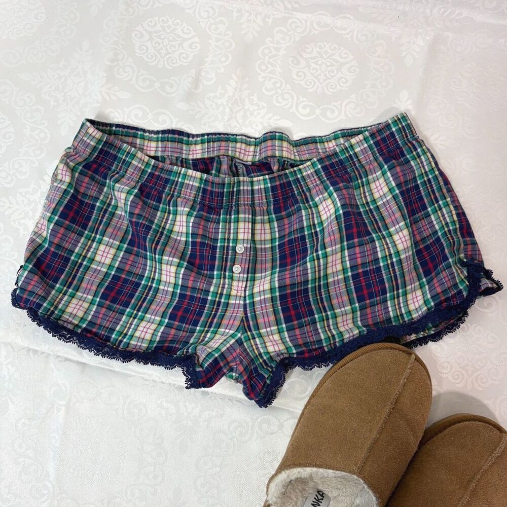 Victoria's Secret Sleep Shorts Plaid Lace Trim Bow Coquette Kawaii Y2K Medium